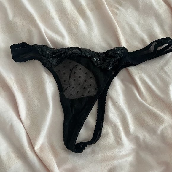 Victoria's Secret black sequin shimmer bow mesh thong panties underwear size M - Picture 2 of 10